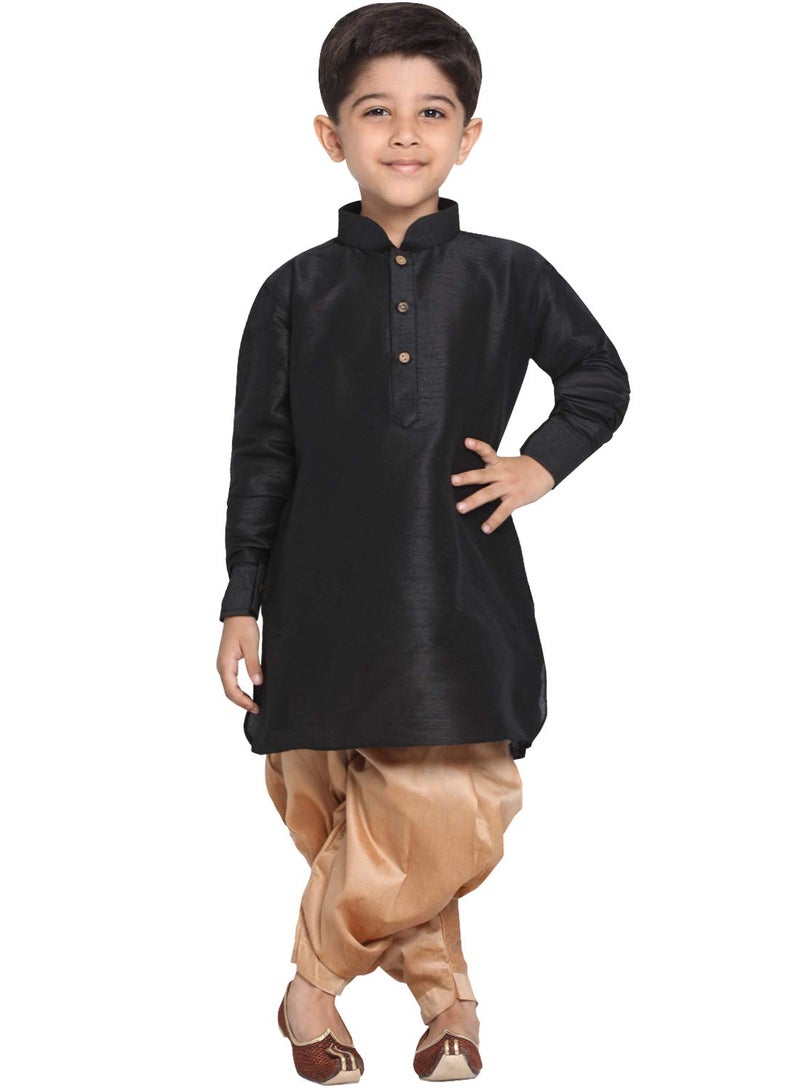 JBN Creation Boys' Black and Rose Gold Silk Blend Kurta and Dhoti Pant Set (VASBUK001BLnCDRG, for 6-7 Years) - Image 1