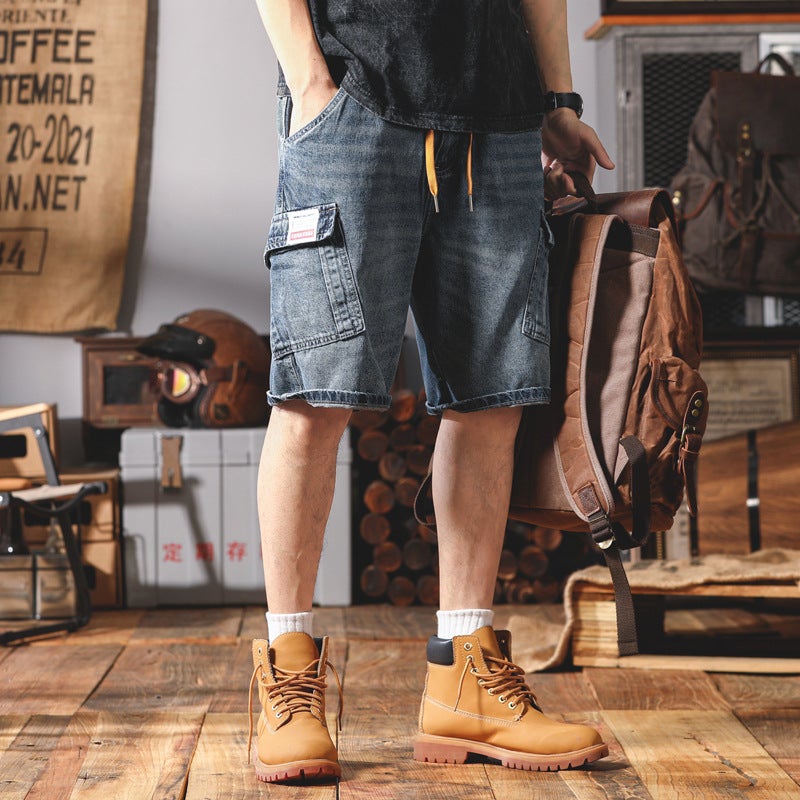American Style Retro Mens Fashionable Side Pocket Tooling Style Loose Ami Kaji Summer New Fashion Denim Shorts Light blue 