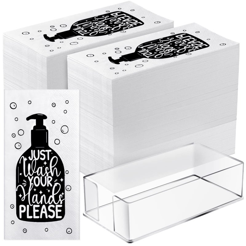 Teling Teling 200 Pcs Disposable Bathroom Napkins with 1 Clear Acrylic Napkin Holder Decorative Etiquette Guest Paper Hand Towels for Toilet Powder Room Wedding Birthday Anniversary 