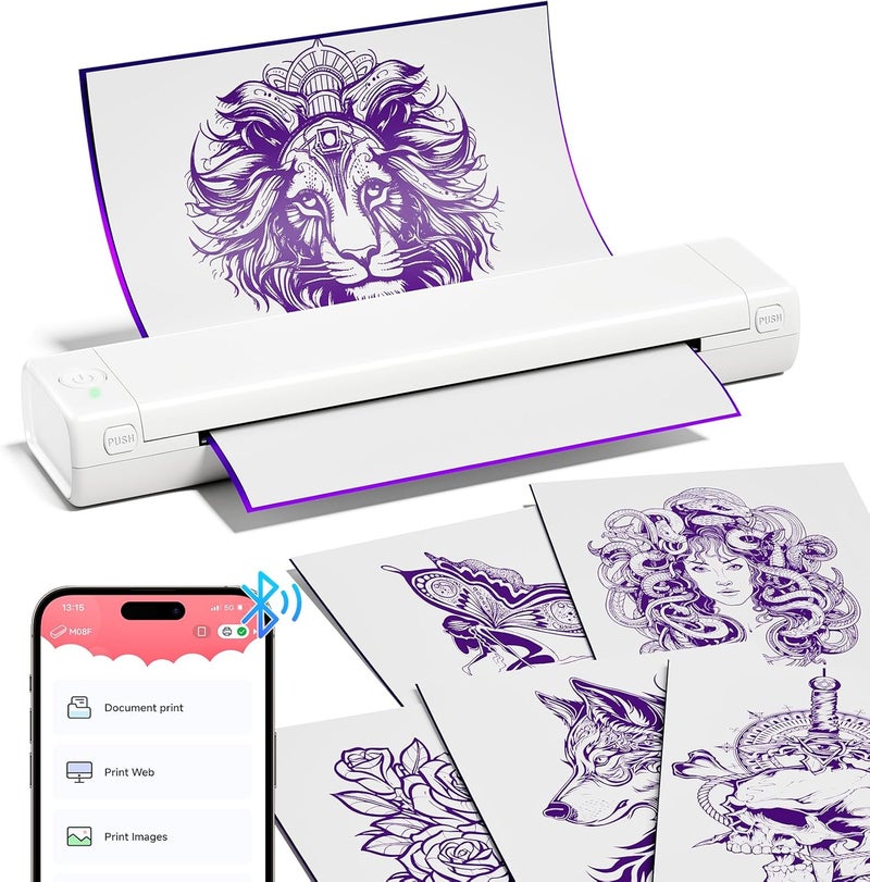 COLORWING طابعة الوشم المحمولة اللاسلكية COLORWING M08F، آلة طباعة قوالب الوشم الحرارية بدون حبر مع 10 ورقات نقل للوشم، مثالية لفناني الوشم والمبتدئين - أبيض