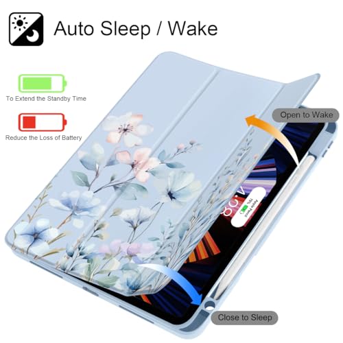 May Chen for iPad Pro 11 inch M2 4th Generation 2022, iPad Pro 11 3rd/2nd/1st Gen, Case with Transparent Shockproof Back Cover [Built-in Pencil Holder, Auto Sleep/Wake, Blue Wild Flowers - Image 3