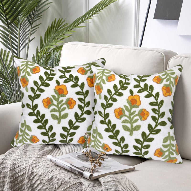 Alysheer Floral Embroidered Summer Decorative Throw Pillow Covers 18"x 18" Set of 2, Farmhouse Cottage Orange Flowers Green Leaves Knit Patterned Cotton Canvas Cushion Case for Couch Bed Living Room - Image 2