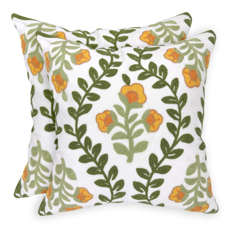 Alysheer Floral Embroidered Summer Decorative Throw Pillow Covers 18"x 18" Set of 2, Farmhouse Cottage Orange Flowers Green Leaves Knit Patterned Cotton Canvas Cushion Case for Couch Bed Living Room - Image 1