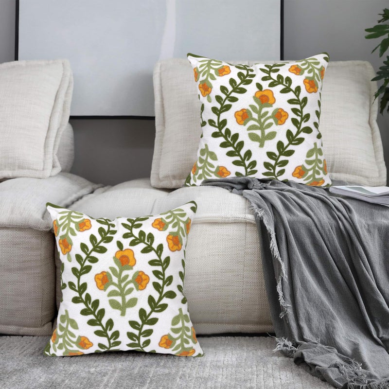 Alysheer Floral Embroidered Summer Decorative Throw Pillow Covers 18"x 18" Set of 2, Farmhouse Cottage Orange Flowers Green Leaves Knit Patterned Cotton Canvas Cushion Case for Couch Bed Living Room - Image 3