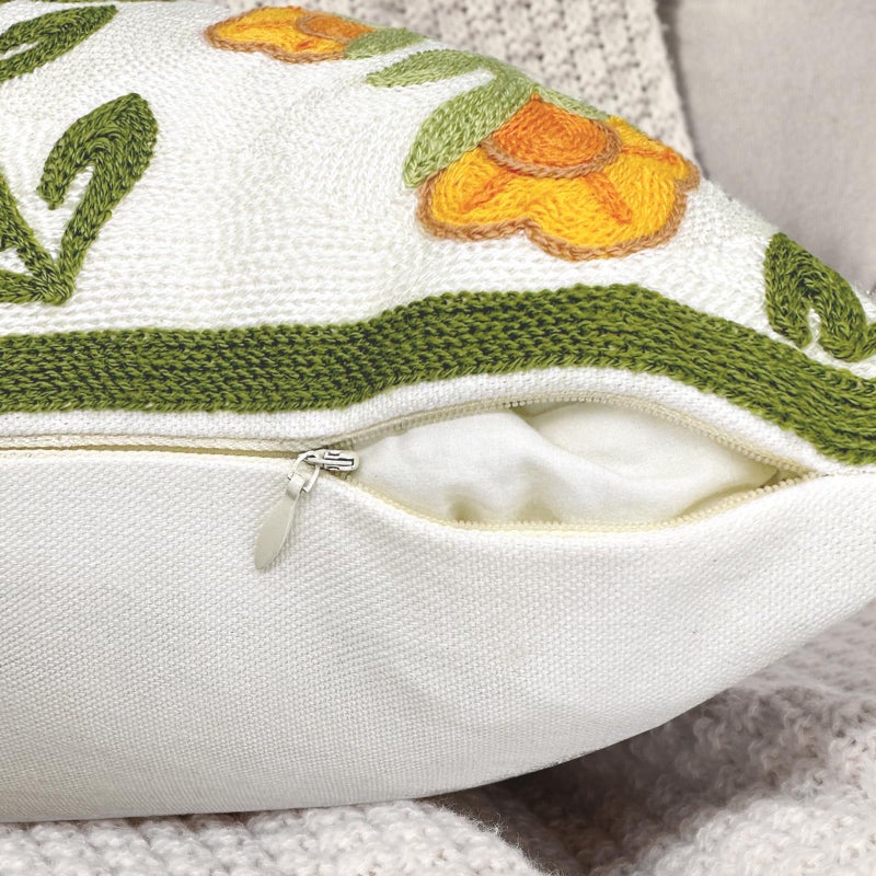 Alysheer Floral Embroidered Summer Decorative Throw Pillow Covers 18"x 18" Set of 2, Farmhouse Cottage Orange Flowers Green Leaves Knit Patterned Cotton Canvas Cushion Case for Couch Bed Living Room - Image 4