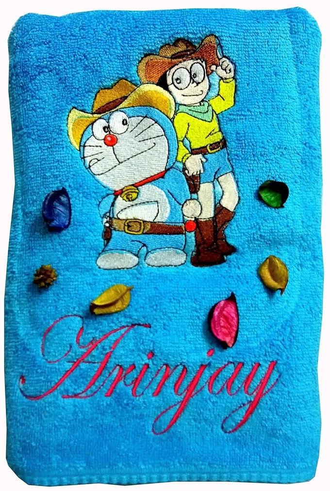 COTTON DORAEMON NOBITA PERSONALISED KIDS BATH TOWEL 500 GSM SET OF 1 BLUE
