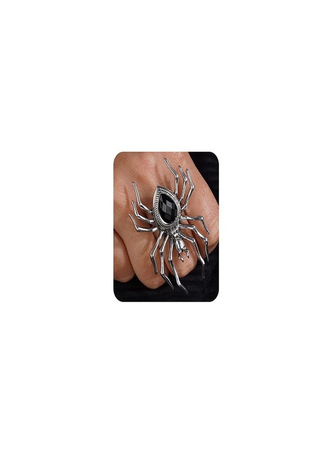 Jumwrit Punk Spider Ring for Women Vintage Knuckle Ring Statement Black Rhinestone Finger Ring Silver Extra Big Spider Halloween Ring Daily Festival Accessory for Costume Party - Image 1