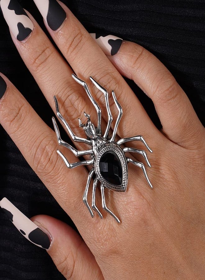 Jumwrit Punk Spider Ring for Women Vintage Knuckle Ring Statement Black Rhinestone Finger Ring Silver Extra Big Spider Halloween Ring Daily Festival Accessory for Costume Party - Image 3