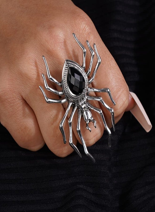 Jumwrit Punk Spider Ring for Women Vintage Knuckle Ring Statement Black Rhinestone Finger Ring Silver Extra Big Spider Halloween Ring Daily Festival Accessory for Costume Party - Image 2