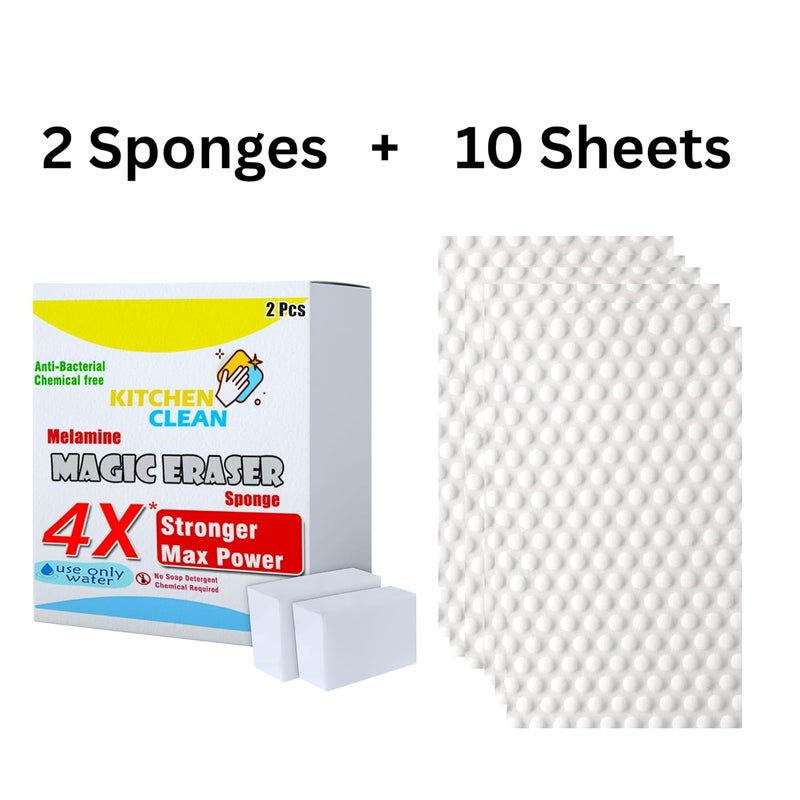 Kitchen Clean 10 Magic Cleaning Sponge Eraser Sheets + 2 Pcs 4X Melamine Magic Eraser | Multipurpose Kitchenware Bathroom Sink Car Interiors Hard-to-Reach Place Cleaning (10 Sheets + 2 Sponges) - Image 2