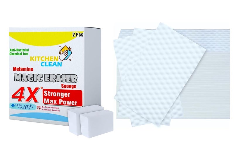 Kitchen Clean 10 Magic Cleaning Sponge Eraser Sheets + 2 Pcs 4X Melamine Magic Eraser | Multipurpose Kitchenware Bathroom Sink Car Interiors Hard-to-Reach Place Cleaning (10 Sheets + 2 Sponges) - Image 1