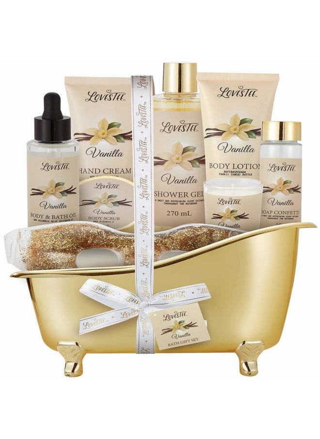 Lovestee Mother's Day Spa Gift Basket for Women, Vanilla Bath & Body Set, Christmas & Birthday Gift, Includes Shower Gel, Body Lotion, Hand Cream, Body Scrub, Message Oil, Candle, Eye Mask, Confetti  - Image 1