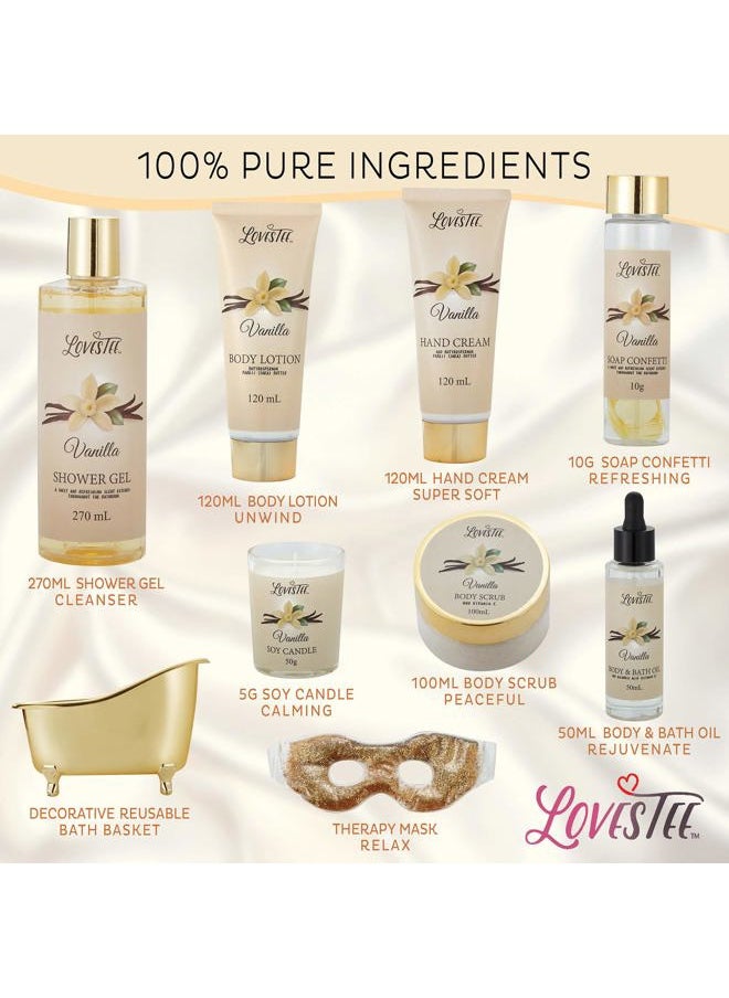 Lovestee Mother's Day Spa Gift Basket for Women, Vanilla Bath & Body Set, Christmas & Birthday Gift, Includes Shower Gel, Body Lotion, Hand Cream, Body Scrub, Message Oil, Candle, Eye Mask, Confetti  - Image 2