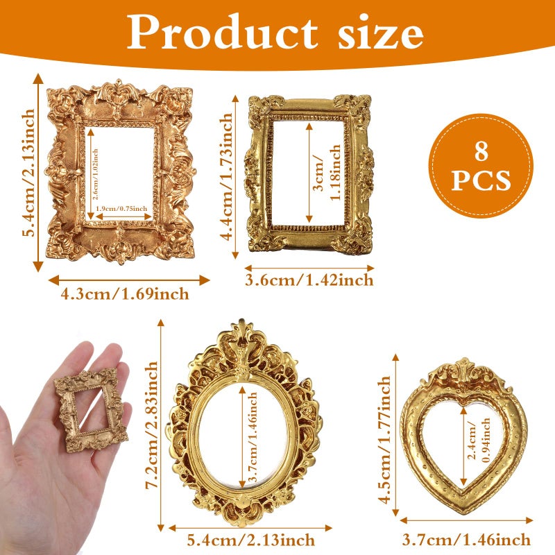 Tyqour 8PCS Mini Gold Picture Frames Vintage Small Resin Miniature Tiny Picture Frames for Crafts Antique Mini Photo Frame for DIY Jewelry Christmas Holiday Party Hotel Decor - Image 2