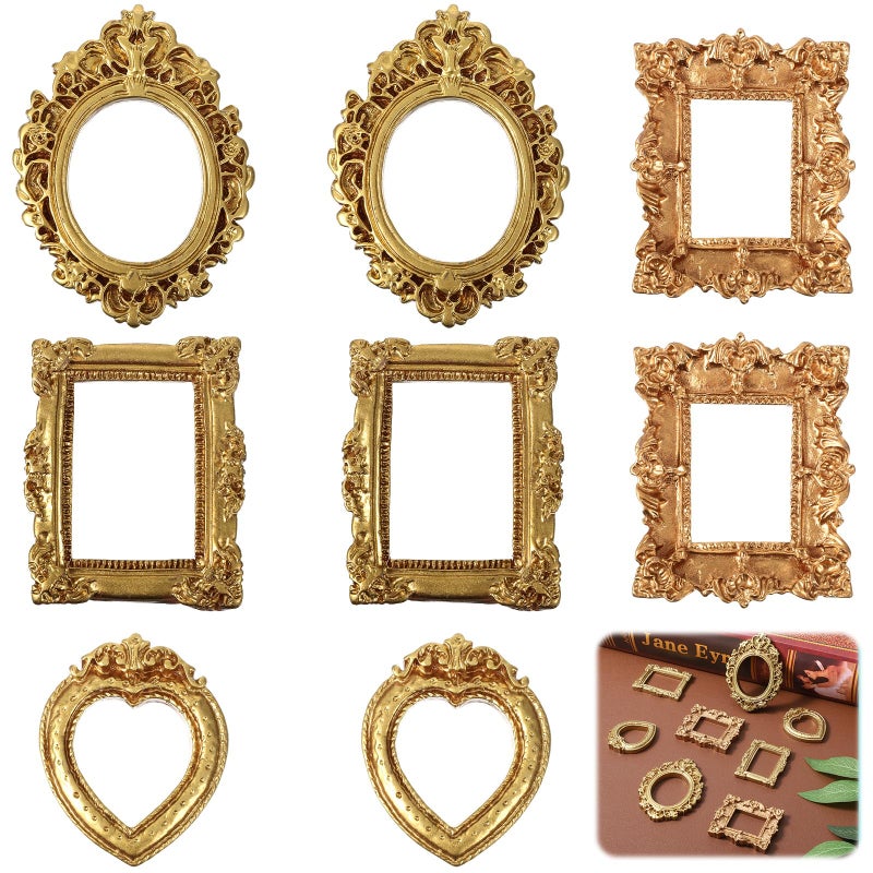 Tyqour 8PCS Mini Gold Picture Frames Vintage Small Resin Miniature Tiny Picture Frames for Crafts Antique Mini Photo Frame for DIY Jewelry Christmas Holiday Party Hotel Decor - Image 1