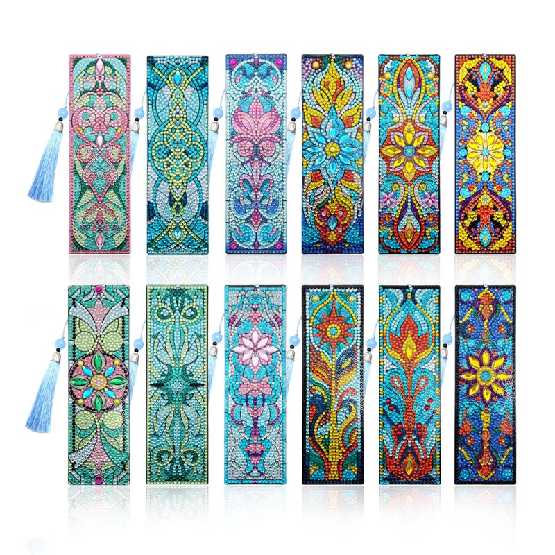 SEREDH 12 Pcs DIY Diamond Art Bookmarks for Adults Women Beginners Acrylic Dotz Diamond Art Bookmarks Kit Diamond Painting 5d Floral Rhinestone Bookmarks Diamond Art Book Marks with Tassels Crafts Supply - Image 1