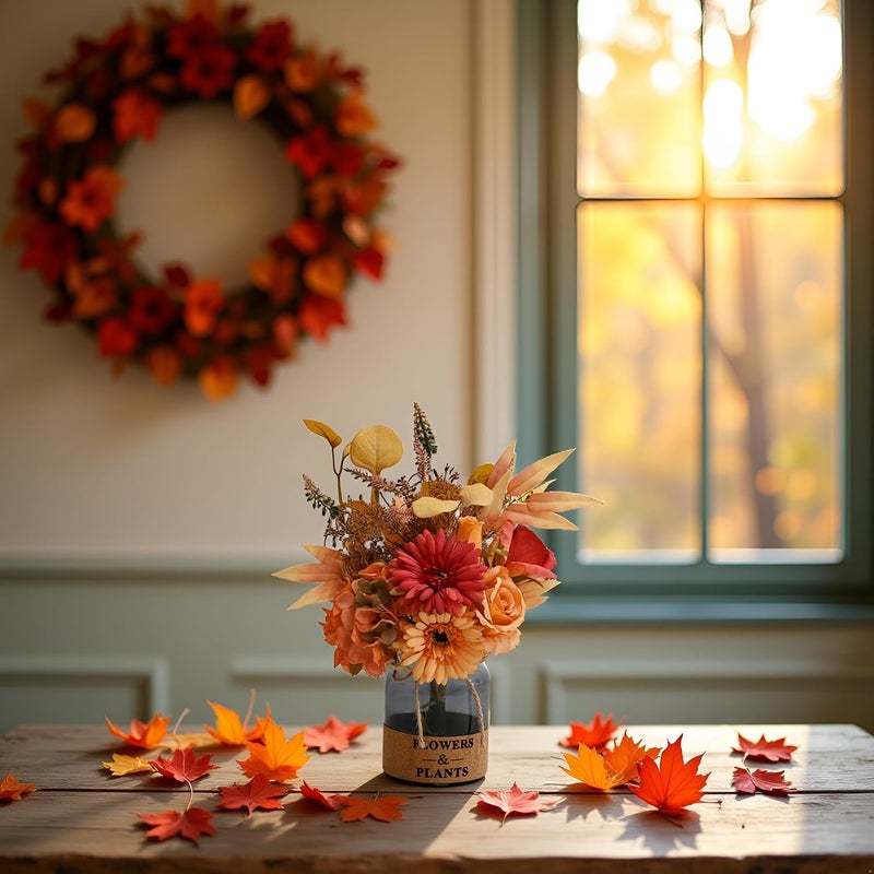 LADADA Artificial Flower Arrangement in Glass Vase Autumn Themed, Faux Gerbera Rose Bouquet with Fall Foliage for Home Decor, Table Centerpiece（Orange） - Image 5