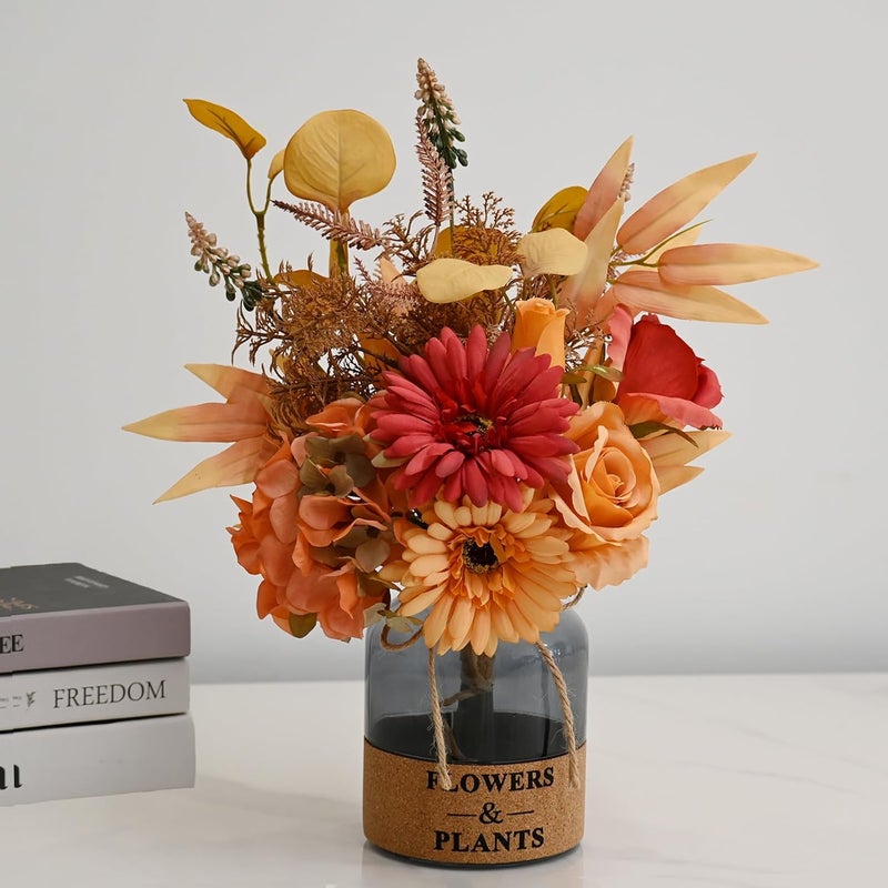LADADA Artificial Flower Arrangement in Glass Vase Autumn Themed, Faux Gerbera Rose Bouquet with Fall Foliage for Home Decor, Table Centerpiece（Orange） - Image 1