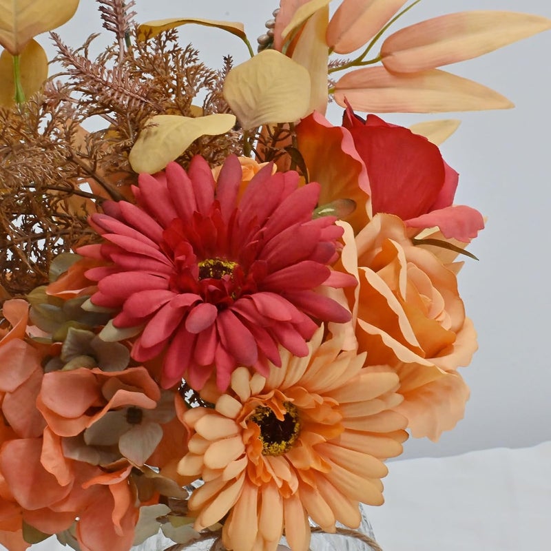 LADADA Artificial Flower Arrangement in Glass Vase Autumn Themed, Faux Gerbera Rose Bouquet with Fall Foliage for Home Decor, Table Centerpiece（Orange） - Image 2