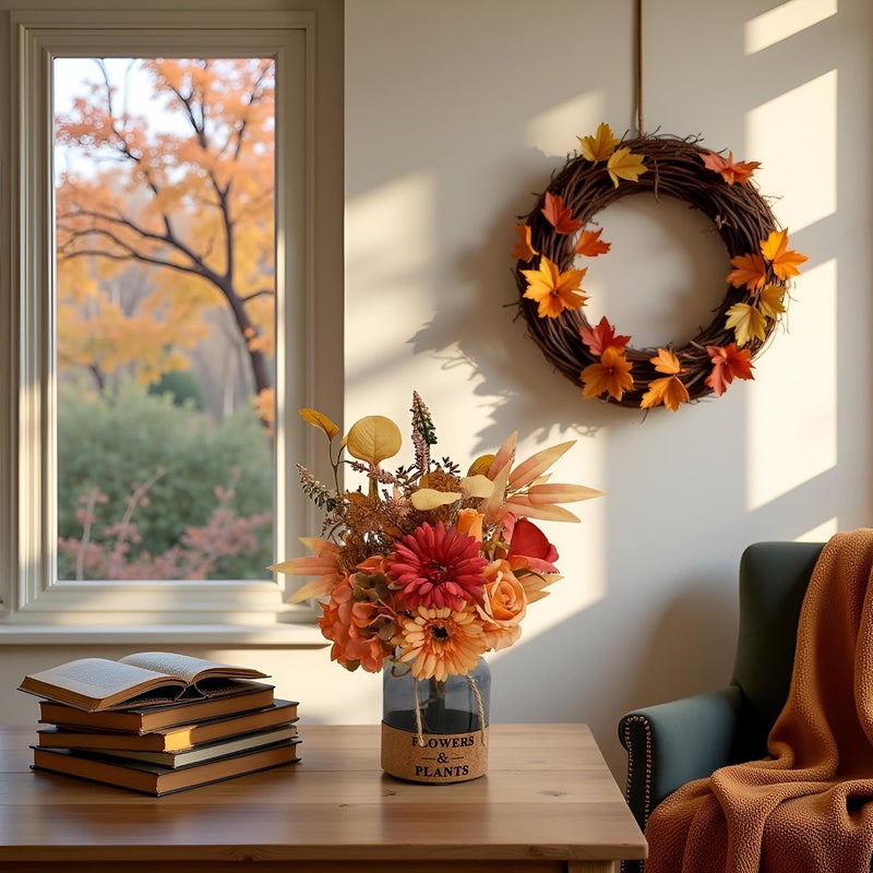 LADADA Artificial Flower Arrangement in Glass Vase Autumn Themed, Faux Gerbera Rose Bouquet with Fall Foliage for Home Decor, Table Centerpiece（Orange） - Image 3