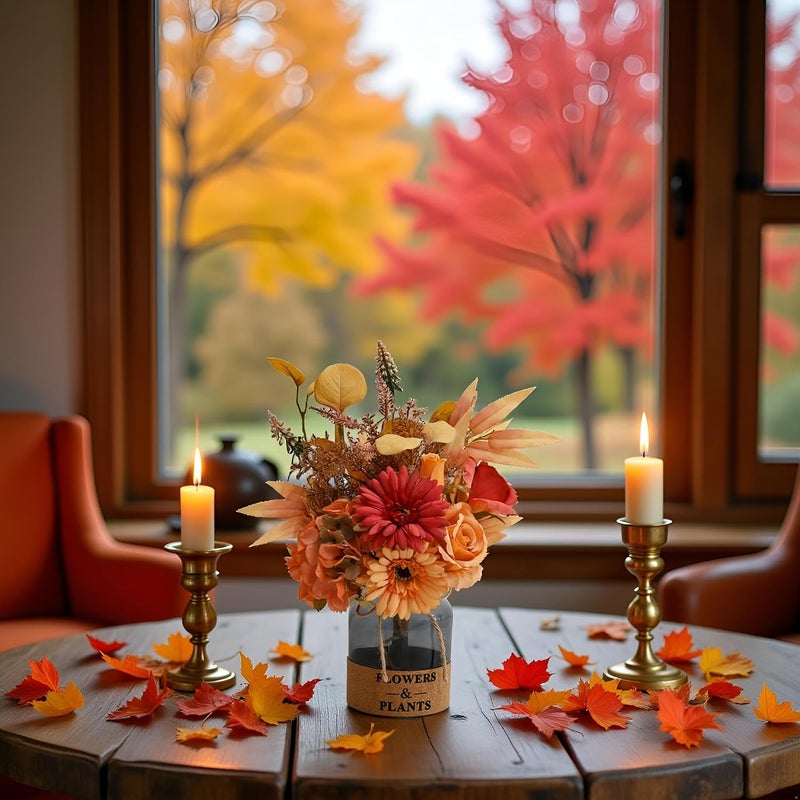 LADADA Artificial Flower Arrangement in Glass Vase Autumn Themed, Faux Gerbera Rose Bouquet with Fall Foliage for Home Decor, Table Centerpiece（Orange） - Image 4