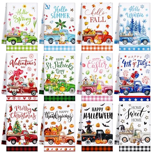 FuWeave 12 Pcs Seasonal Kitchen Towels Set for All Holidays Hand Dish Tea Towels Thanksgiving Christmas Absorbent Dishcloths Housewarming Gift for Cooking Kitchen Bathroom(Truck Style) - Image 1