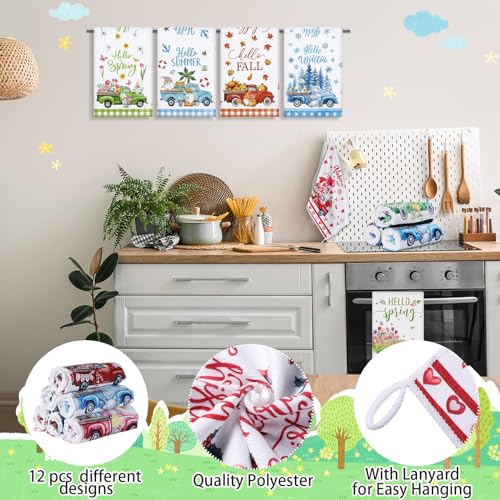 FuWeave 12 Pcs Seasonal Kitchen Towels Set for All Holidays Hand Dish Tea Towels Thanksgiving Christmas Absorbent Dishcloths Housewarming Gift for Cooking Kitchen Bathroom(Truck Style) - Image 3
