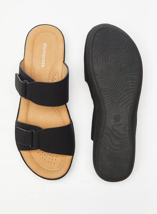 shoexpress Womens Solid Slide Sandals With Hook And Loop Accent