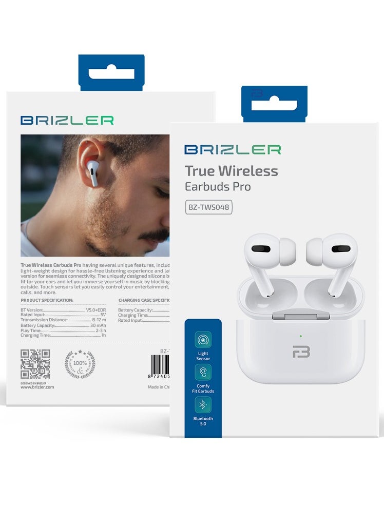 BRIZLER - Wireless Stereo Earbuds Bluetooth 5.0, Hand Free Call, Lightweight Comfort Fit Headphones, White - Image 1