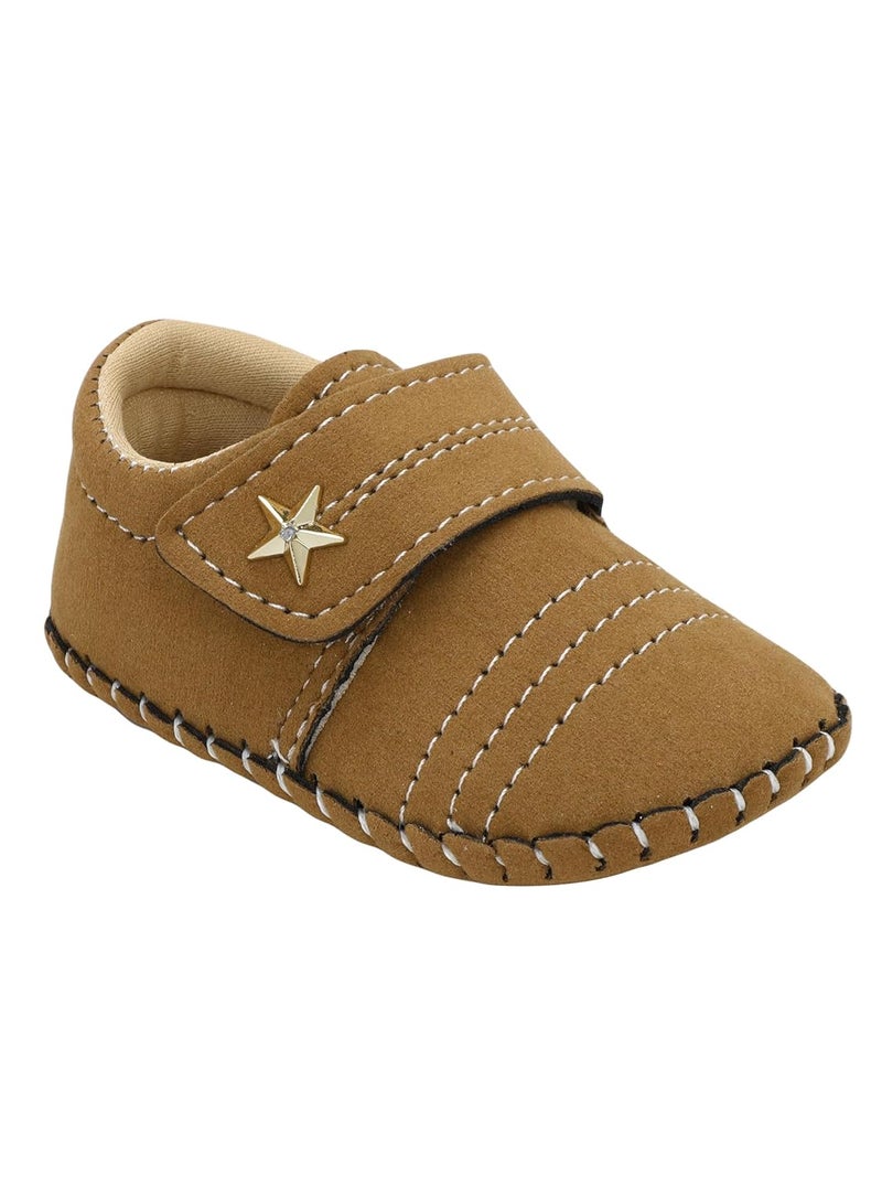 PureSole Baby Boy Soft Sole Moccasins | Brown Suede Velvet Crib Shoes with Star Accent | Non-Slip Infant First Walker Shoes | Newborns & Toddlers (6–12 Months) - Image 1