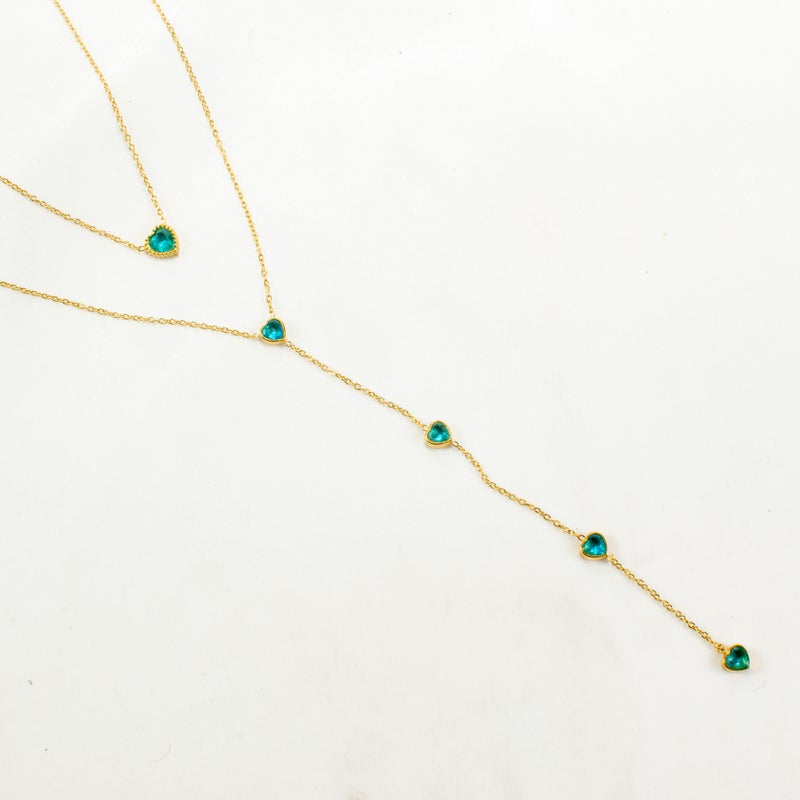 سلسلة أستانليس ستيل ذهبي 2 دور شكل قلب زيركون أزرق - Image 1