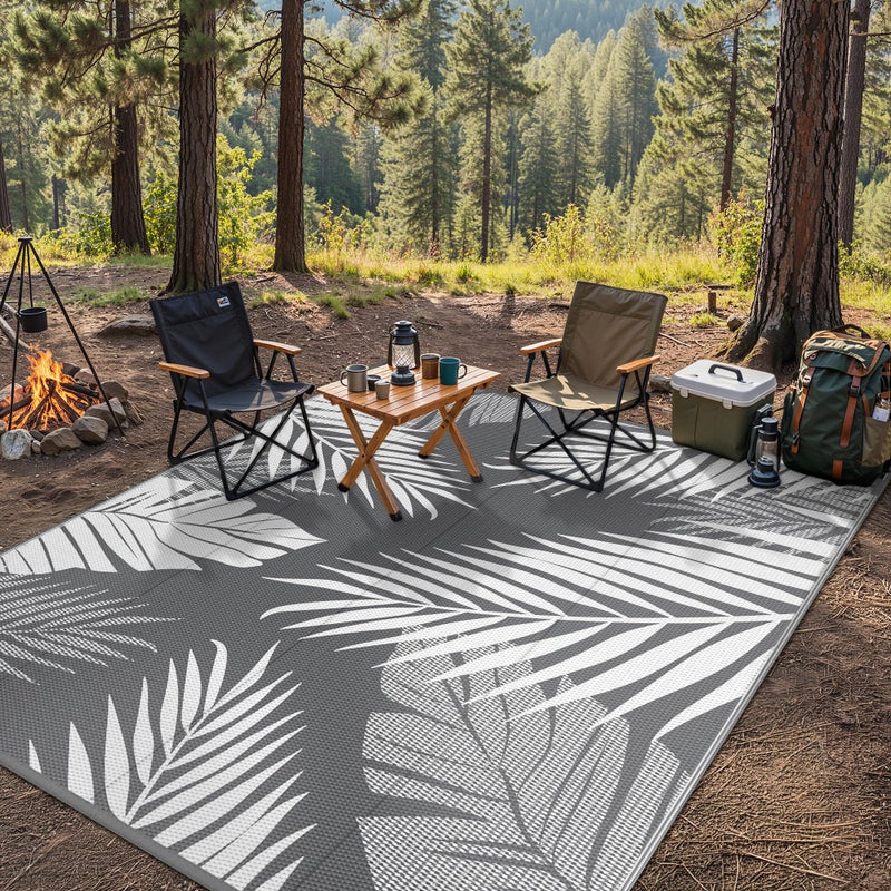 GENIMO Outdoor Rug 8' x 10' Waterproof for Patios Clearance, Reversible Plastic Straw Camping Rug Carpet, Large Area Rugs Mats for RV, Picnic, Backyard, Deck, Balcony, Porch, Beach, Grey&White - Image 3