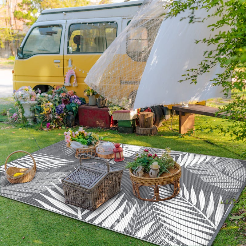 GENIMO Outdoor Rug 8' x 10' Waterproof for Patios Clearance, Reversible Plastic Straw Camping Rug Carpet, Large Area Rugs Mats for RV, Picnic, Backyard, Deck, Balcony, Porch, Beach, Grey&White - Image 4