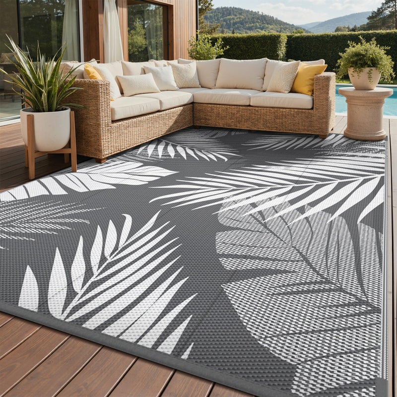 GENIMO Outdoor Rug 8' x 10' Waterproof for Patios Clearance, Reversible Plastic Straw Camping Rug Carpet, Large Area Rugs Mats for RV, Picnic, Backyard, Deck, Balcony, Porch, Beach, Grey&White - Image 1