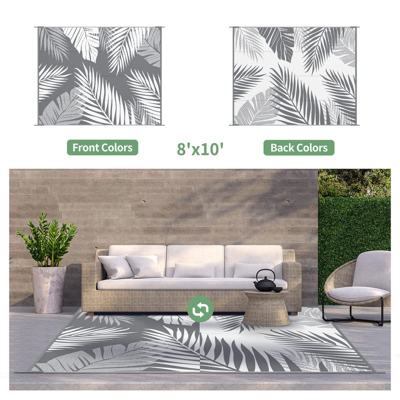 GENIMO Outdoor Rug 8' x 10' Waterproof for Patios Clearance, Reversible Plastic Straw Camping Rug Carpet, Large Area Rugs Mats for RV, Picnic, Backyard, Deck, Balcony, Porch, Beach, Grey&White - Image 2