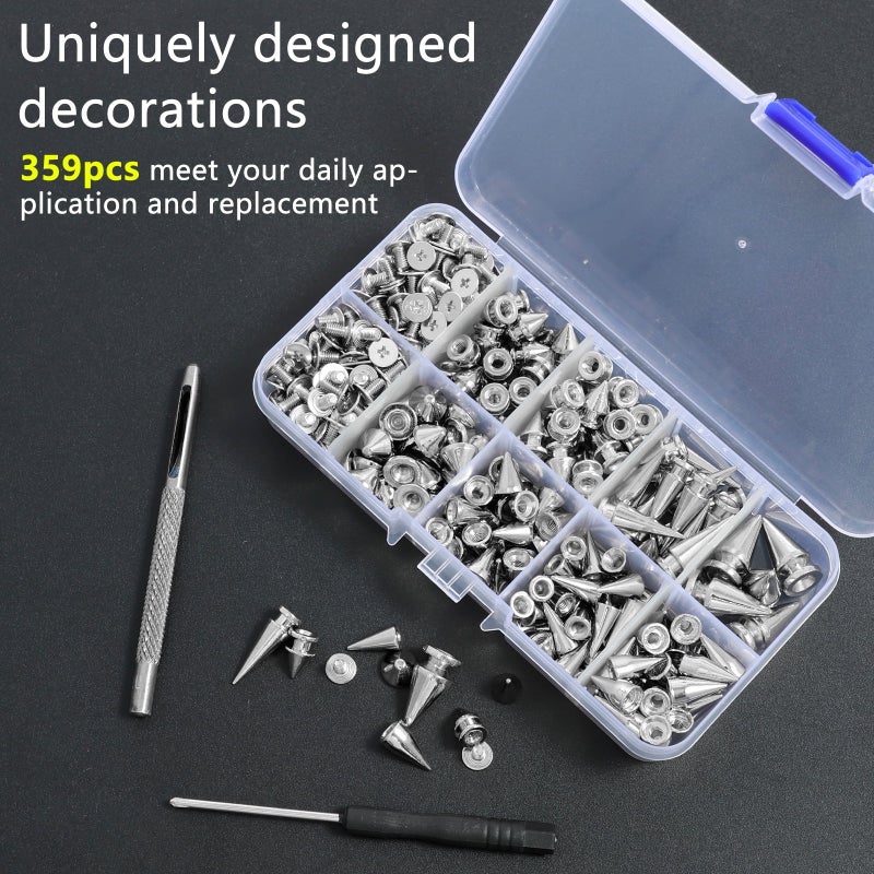 Punk Spikes And Studs: 359-Piece Zinc Alloy Kit With 8 Sizes, Professional Tools - Organized 10-Compartment Storage, Tarnish-Resistant Construction For DIY Punk Fashion, Clothing Embellishment - Image 4