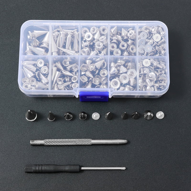 Punk Spikes And Studs: 359-Piece Zinc Alloy Kit With 8 Sizes, Professional Tools - Organized 10-Compartment Storage, Tarnish-Resistant Construction For DIY Punk Fashion, Clothing Embellishment - Image 2