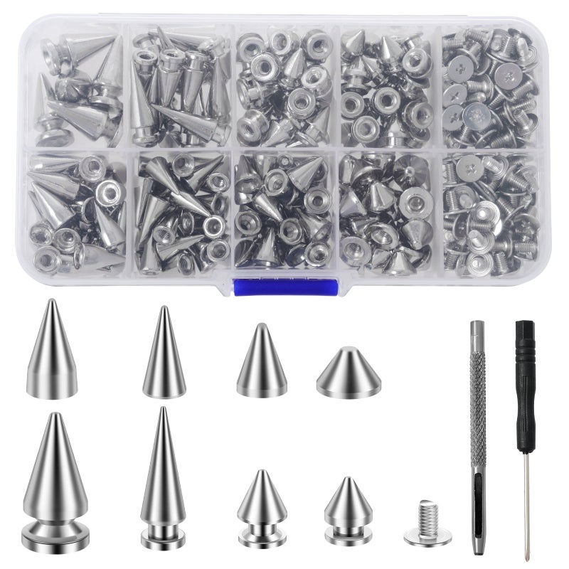 Punk Spikes And Studs: 359-Piece Zinc Alloy Kit With 8 Sizes, Professional Tools - Organized 10-Compartment Storage, Tarnish-Resistant Construction For DIY Punk Fashion, Clothing Embellishment - Image 1