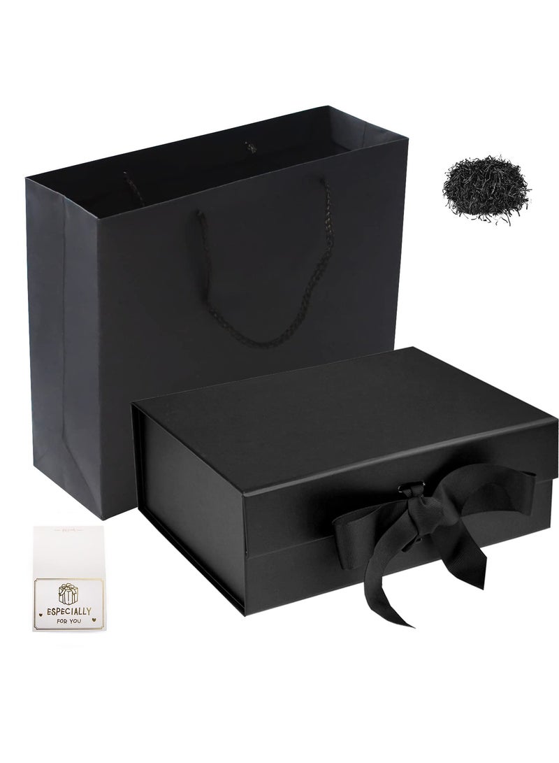 صندوق هدايا مغناطيسي فاخر باللون الأسود مع غطاء وشرائط وحقيبة هدايا، مقاس متوسط ​​- 9.4 × 7 × 3 بوصات، رائع ل ورأس السنة الجديدة وحفلات الزفاف وأعياد الميلاد والرجال - Image 1