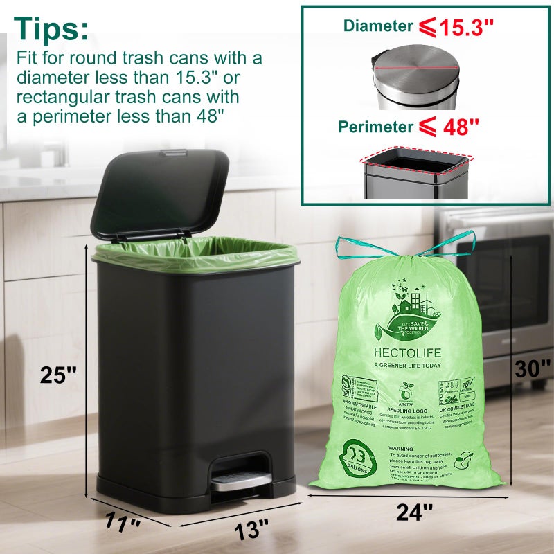 HECTOLIFE 13 Gallon,100 Count, Compostable Trash Bags with Drawstring,Tear Resistant Kitchen Food Scrap Waste Bag, ASTM D6400, US BPI and Europe OK Compost Home Certified - Image 3