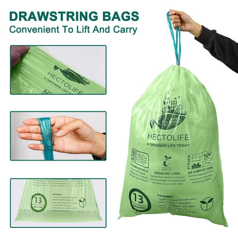 HECTOLIFE 13 Gallon,100 Count, Compostable Trash Bags with Drawstring,Tear Resistant Kitchen Food Scrap Waste Bag, ASTM D6400, US BPI and Europe OK Compost Home Certified - Image 4