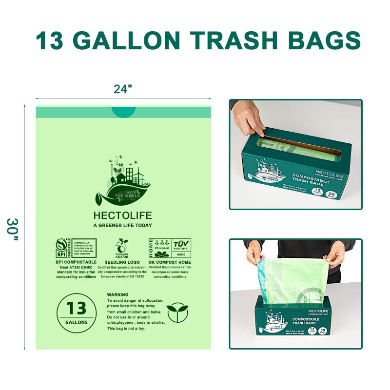 HECTOLIFE 13 Gallon,100 Count, Compostable Trash Bags with Drawstring,Tear Resistant Kitchen Food Scrap Waste Bag, ASTM D6400, US BPI and Europe OK Compost Home Certified - Image 2