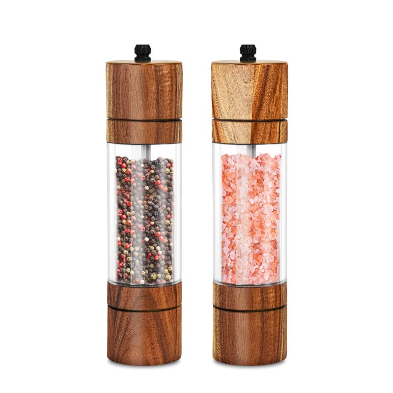 XWXO Acacia Wood Salt Grinder and Pepper Grinder Set Premium Acrylic Salt and Pepper Mill Set, Manual Salt and Pepper Mills- Wooden Shakers with Adjustable Ceramic Core 8 Inches 2 Pack - Image 1