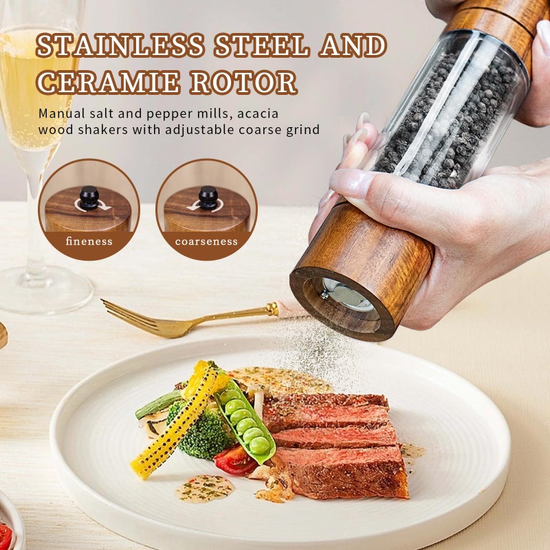 XWXO Acacia Wood Salt Grinder and Pepper Grinder Set Premium Acrylic Salt and Pepper Mill Set, Manual Salt and Pepper Mills- Wooden Shakers with Adjustable Ceramic Core 8 Inches 2 Pack - Image 5