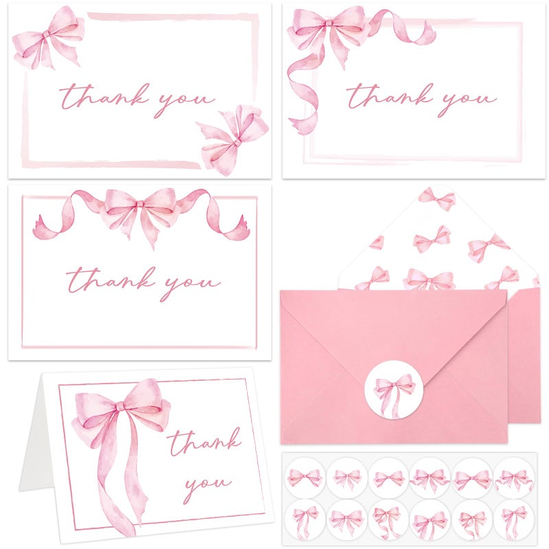 OBUSATT 52 Pack Thank You Cards with Envelopes Pink Bow Thank You Cards Bulk Assortment Greeting Gift Watercolor Coquette Bowknot Blank Note Card Set with Sticker for Wedding Shower Birthday Supplies 4x6inch - Image 1