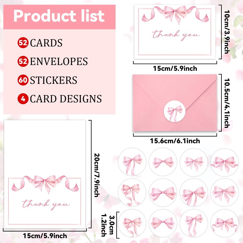 OBUSATT 52 Pack Thank You Cards with Envelopes Pink Bow Thank You Cards Bulk Assortment Greeting Gift Watercolor Coquette Bowknot Blank Note Card Set with Sticker for Wedding Shower Birthday Supplies 4x6inch - Image 2