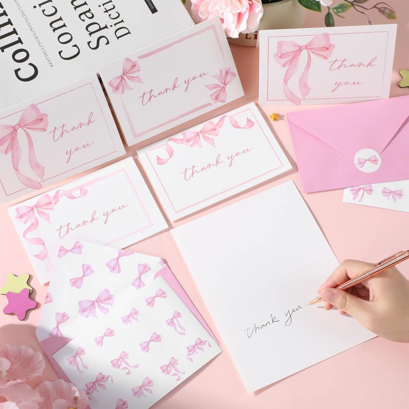 OBUSATT 52 Pack Thank You Cards with Envelopes Pink Bow Thank You Cards Bulk Assortment Greeting Gift Watercolor Coquette Bowknot Blank Note Card Set with Sticker for Wedding Shower Birthday Supplies 4x6inch - Image 4