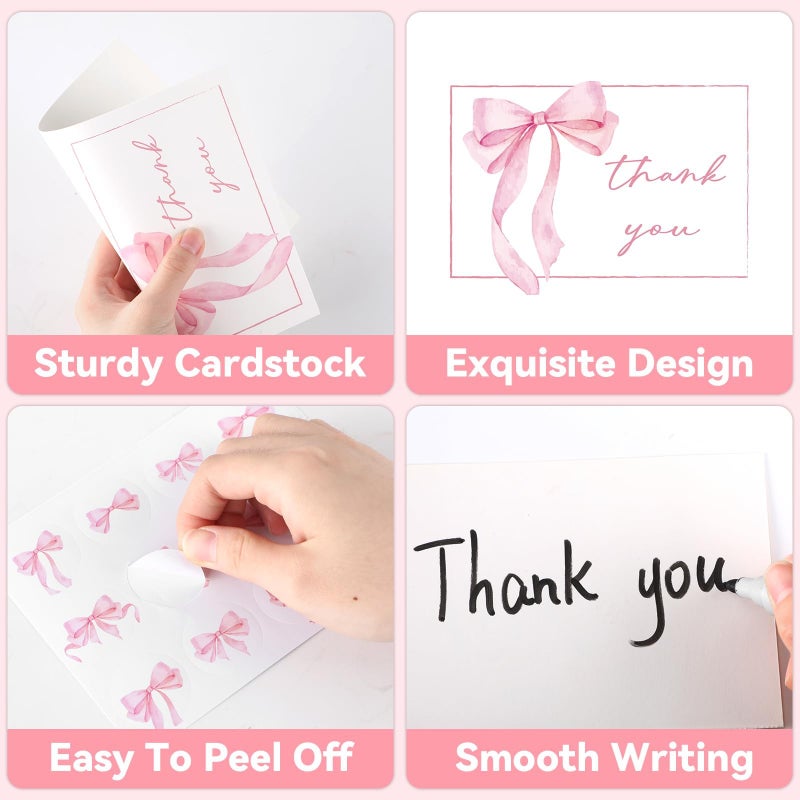 OBUSATT 52 Pack Thank You Cards with Envelopes Pink Bow Thank You Cards Bulk Assortment Greeting Gift Watercolor Coquette Bowknot Blank Note Card Set with Sticker for Wedding Shower Birthday Supplies 4x6inch - Image 3