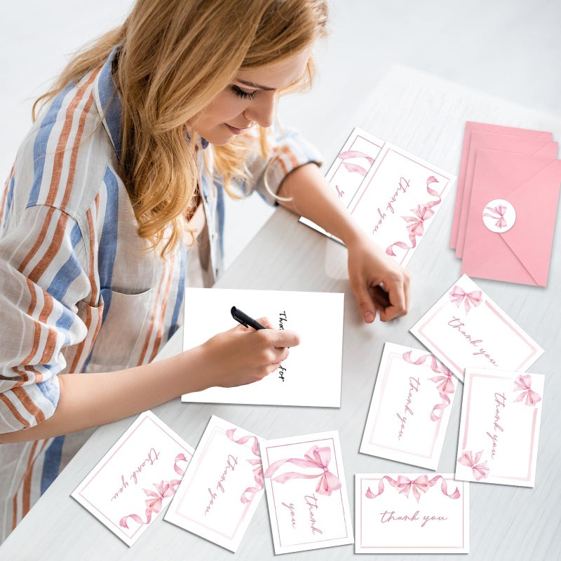 OBUSATT 52 Pack Thank You Cards with Envelopes Pink Bow Thank You Cards Bulk Assortment Greeting Gift Watercolor Coquette Bowknot Blank Note Card Set with Sticker for Wedding Shower Birthday Supplies 4x6inch - Image 5
