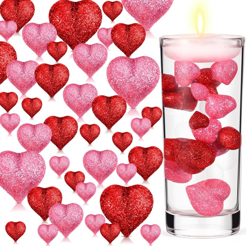 MTLEE 120 Pcs Valentine Pearls Vase Filler Heart Pearls for Floating Candles Centerpiece for Valentine Wedding Dinning Table 142030 mm No Water GelRed PinkModern Style
